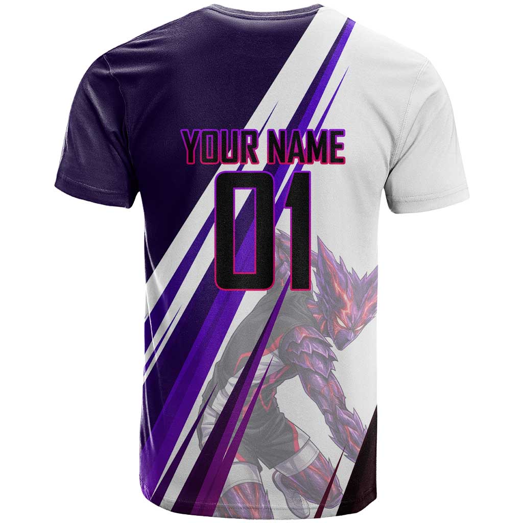 Personalized Garou Monster Volleyball Design T Shirt with Dynamic Pose, Purple and White Diagonal Stripes Featuring One Punch Man Anime Theme