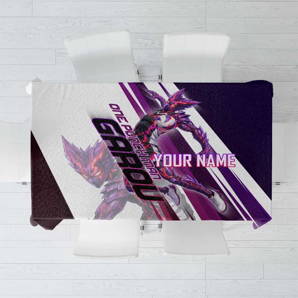 Personalized Garou Monster Volleyball Design Tablecloth with Dynamic Pose, Purple and White Diagonal Stripes Featuring One Punch Man Anime Theme