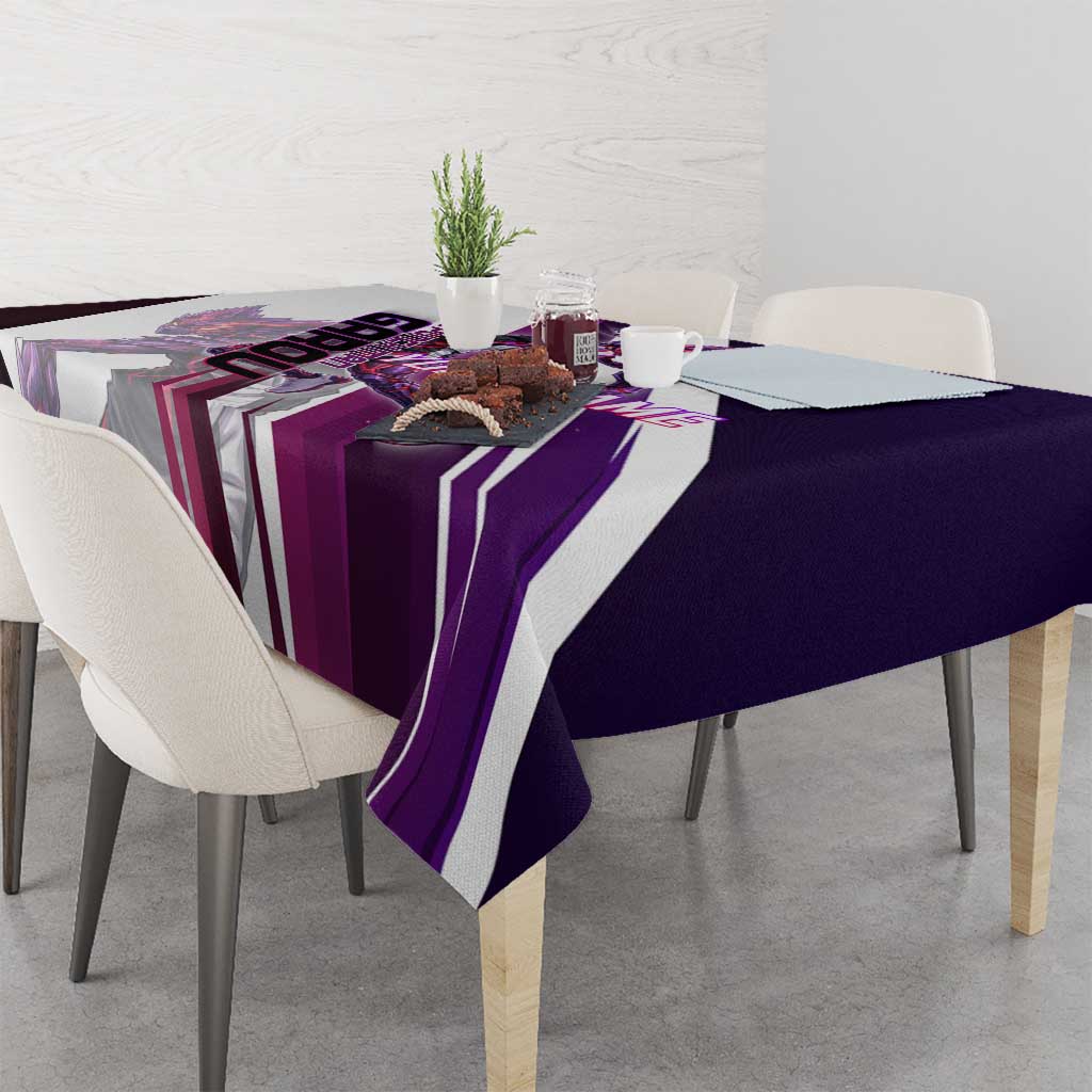 Personalized Garou Monster Volleyball Design Tablecloth with Dynamic Pose, Purple and White Diagonal Stripes Featuring One Punch Man Anime Theme