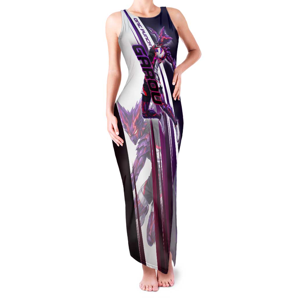 Personalized Garou Monster Volleyball Design Tank Maxi Dress with Dynamic Pose, Purple and White Diagonal Stripes Featuring One Punch Man Anime Theme
