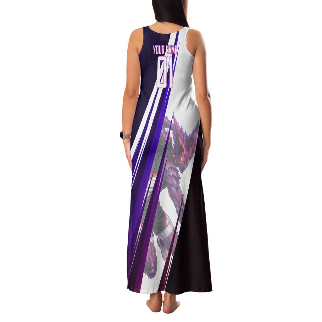 Personalized Garou Monster Volleyball Design Tank Maxi Dress with Dynamic Pose, Purple and White Diagonal Stripes Featuring One Punch Man Anime Theme