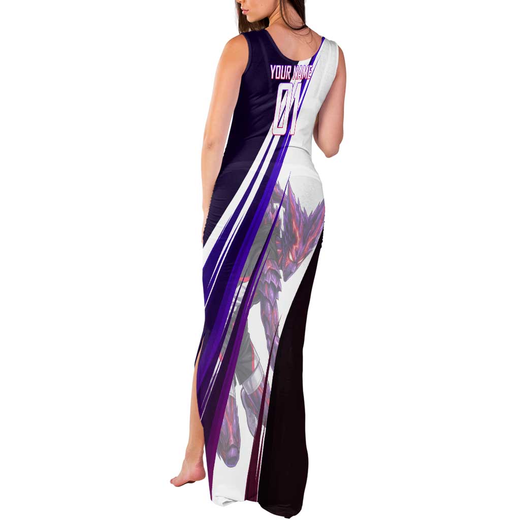 Personalized Garou Monster Volleyball Design Tank Maxi Dress with Dynamic Pose, Purple and White Diagonal Stripes Featuring One Punch Man Anime Theme