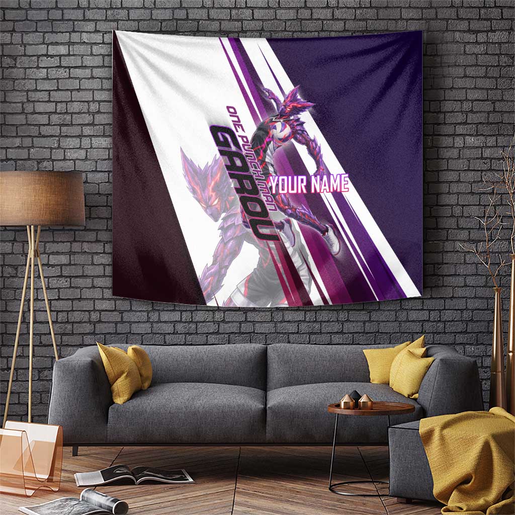 Personalized Garou Monster Volleyball Design Tapestry with Dynamic Pose, Purple and White Diagonal Stripes Featuring One Punch Man Anime Theme