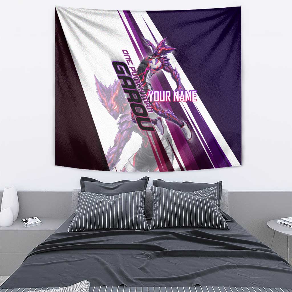 Personalized Garou Monster Volleyball Design Tapestry with Dynamic Pose, Purple and White Diagonal Stripes Featuring One Punch Man Anime Theme