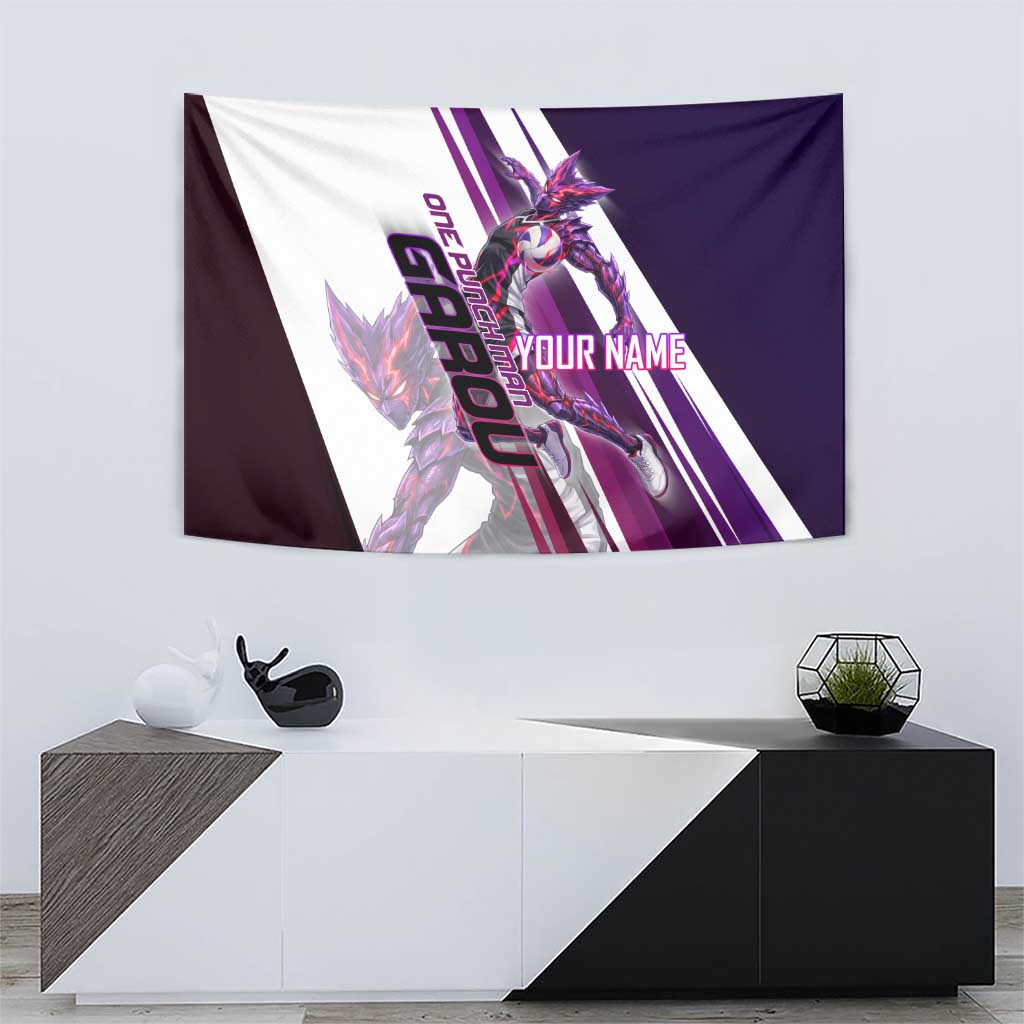 Personalized Garou Monster Volleyball Design Tapestry with Dynamic Pose, Purple and White Diagonal Stripes Featuring One Punch Man Anime Theme