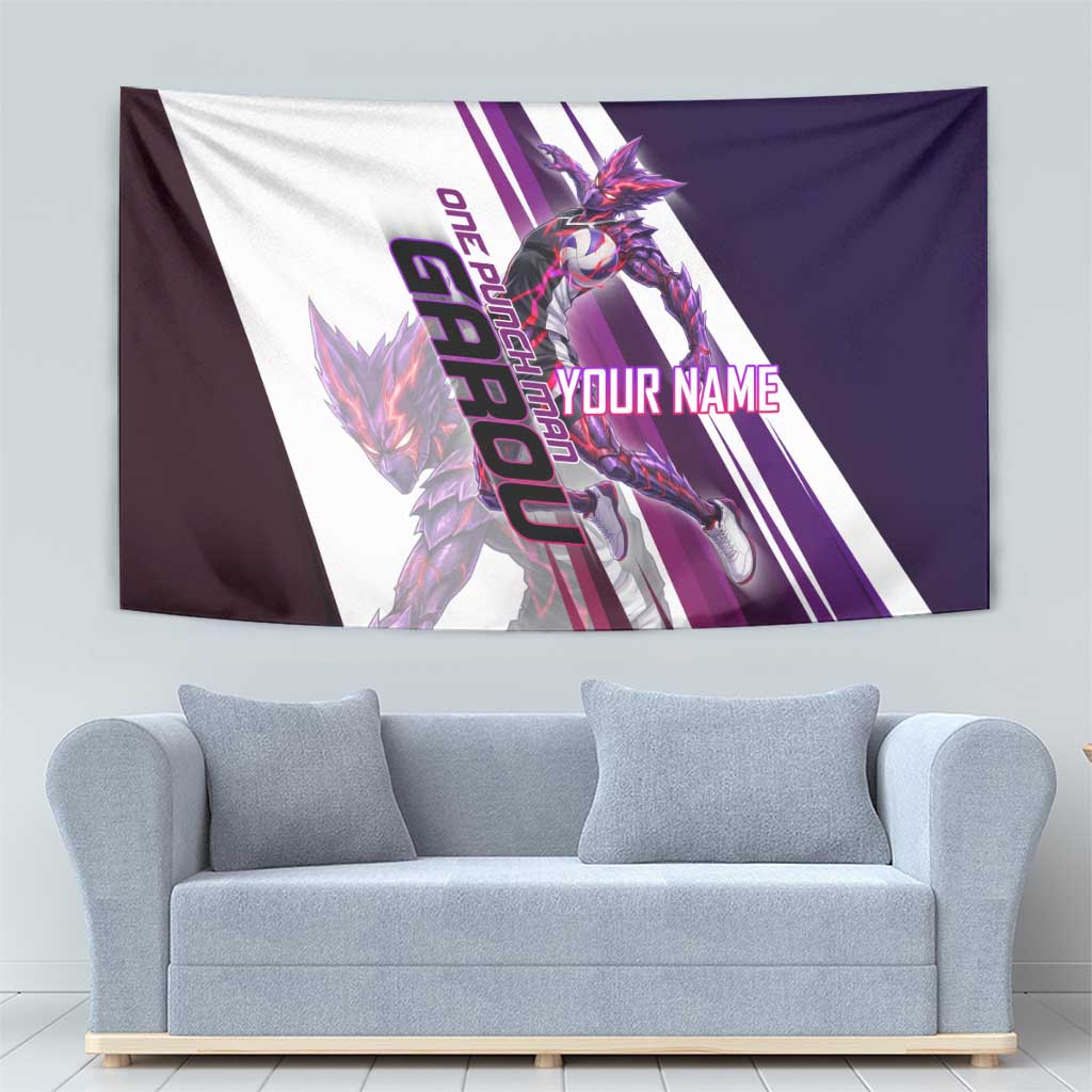 Personalized Garou Monster Volleyball Design Tapestry with Dynamic Pose, Purple and White Diagonal Stripes Featuring One Punch Man Anime Theme