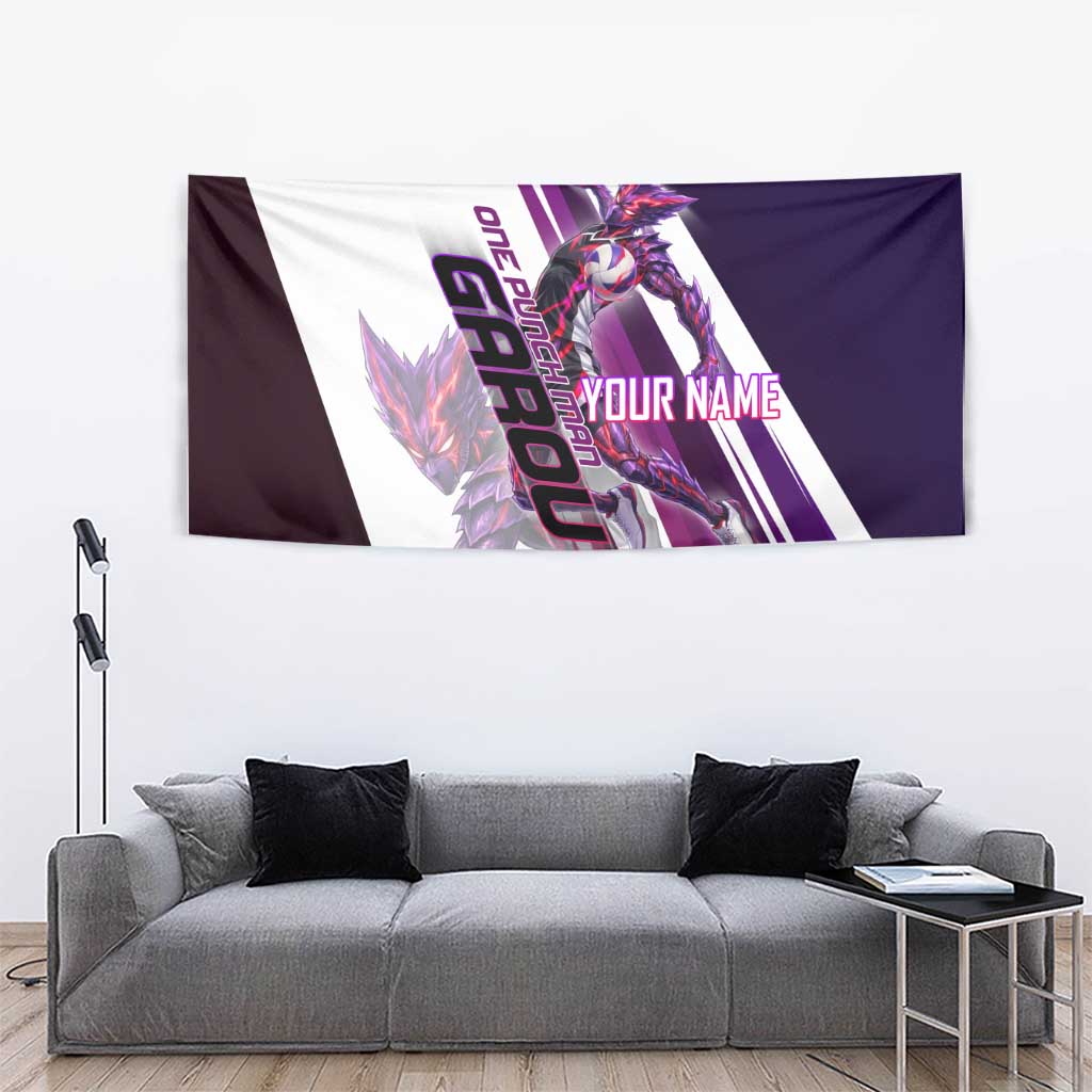 Personalized Garou Monster Volleyball Design Tapestry with Dynamic Pose, Purple and White Diagonal Stripes Featuring One Punch Man Anime Theme