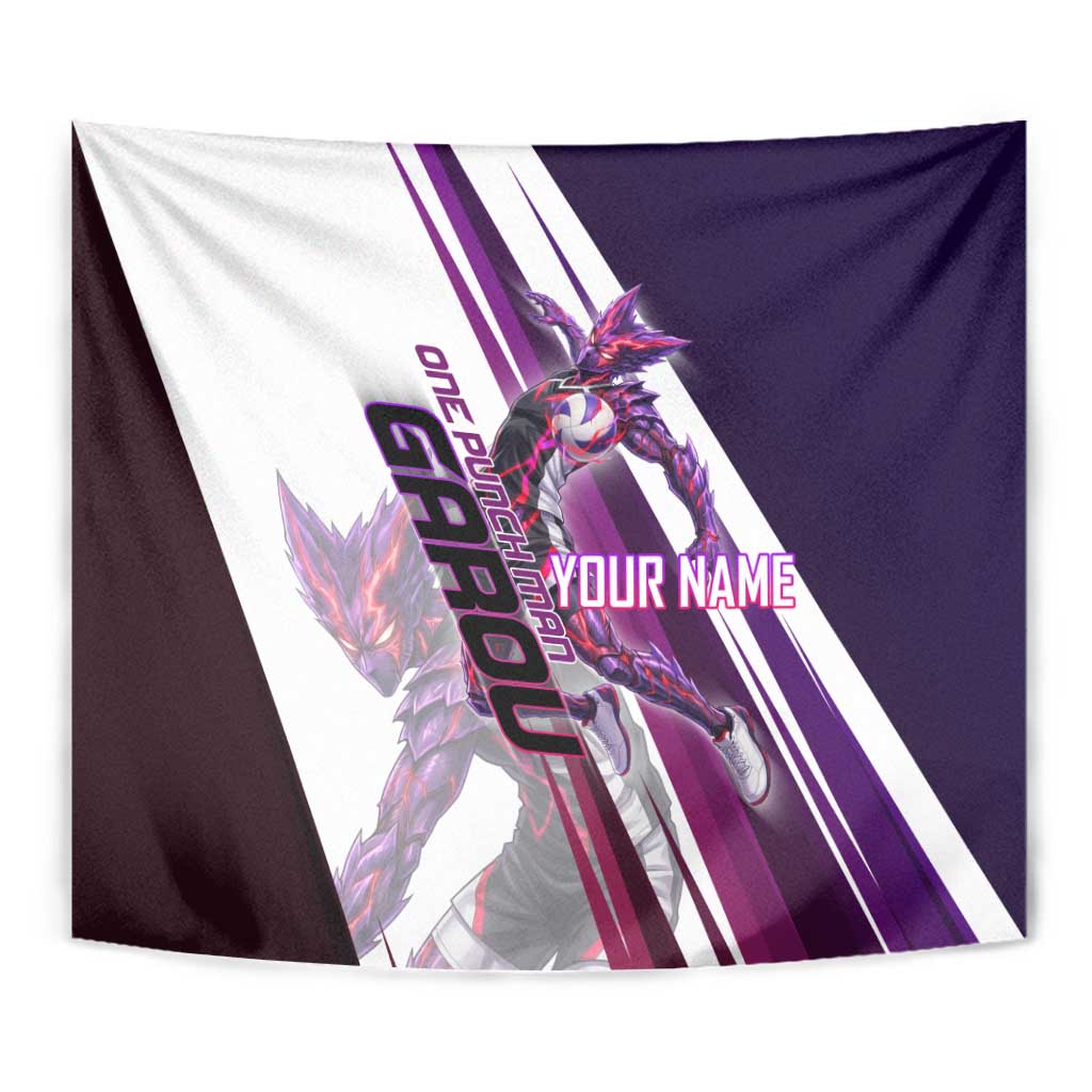 Personalized Garou Monster Volleyball Design Tapestry with Dynamic Pose, Purple and White Diagonal Stripes Featuring One Punch Man Anime Theme