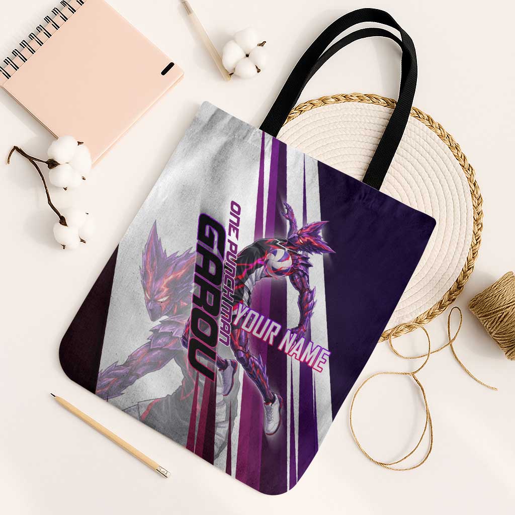 Personalized Garou Monster Volleyball Design Tote Bag with Dynamic Pose, Purple and White Diagonal Stripes Featuring One Punch Man Anime Theme