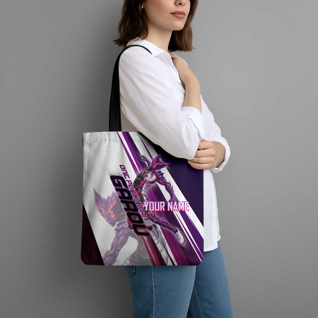 Personalized Garou Monster Volleyball Design Tote Bag with Dynamic Pose, Purple and White Diagonal Stripes Featuring One Punch Man Anime Theme