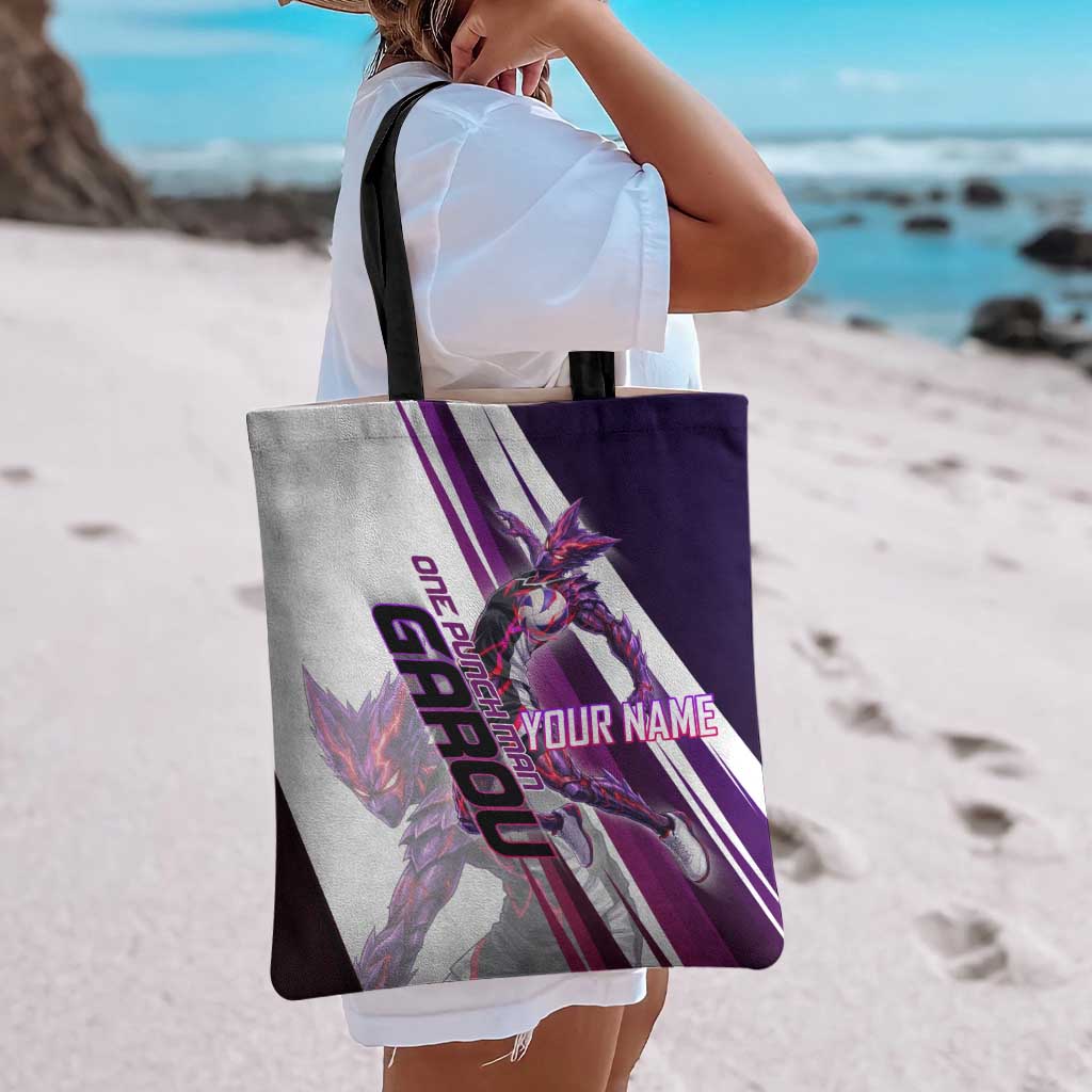 Personalized Garou Monster Volleyball Design Tote Bag with Dynamic Pose, Purple and White Diagonal Stripes Featuring One Punch Man Anime Theme