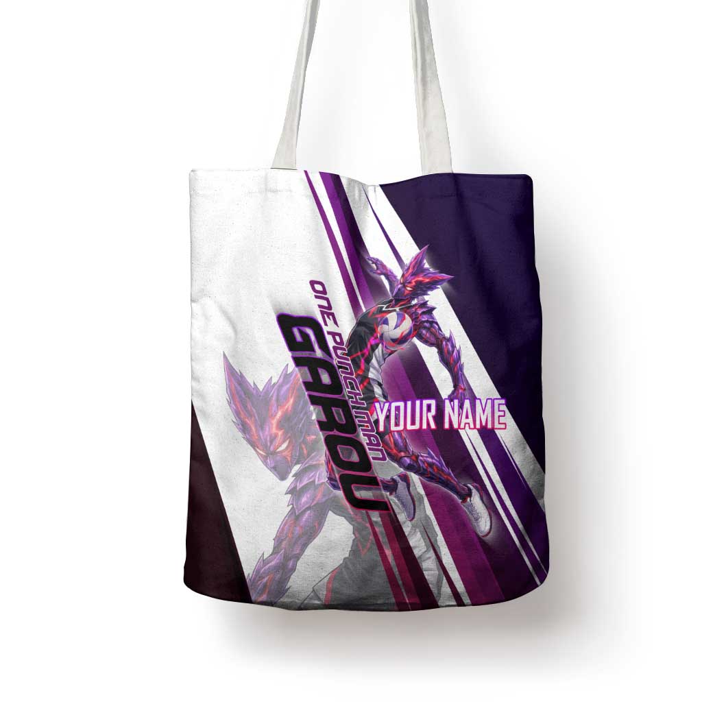 Personalized Garou Monster Volleyball Design Tote Bag with Dynamic Pose, Purple and White Diagonal Stripes Featuring One Punch Man Anime Theme