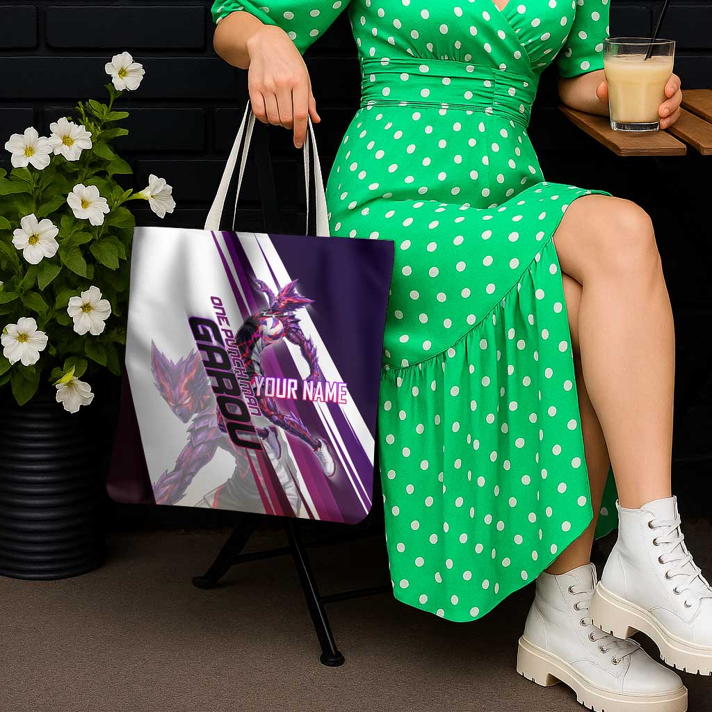 Personalized Garou Monster Volleyball Design Tote Bag with Dynamic Pose, Purple and White Diagonal Stripes Featuring One Punch Man Anime Theme