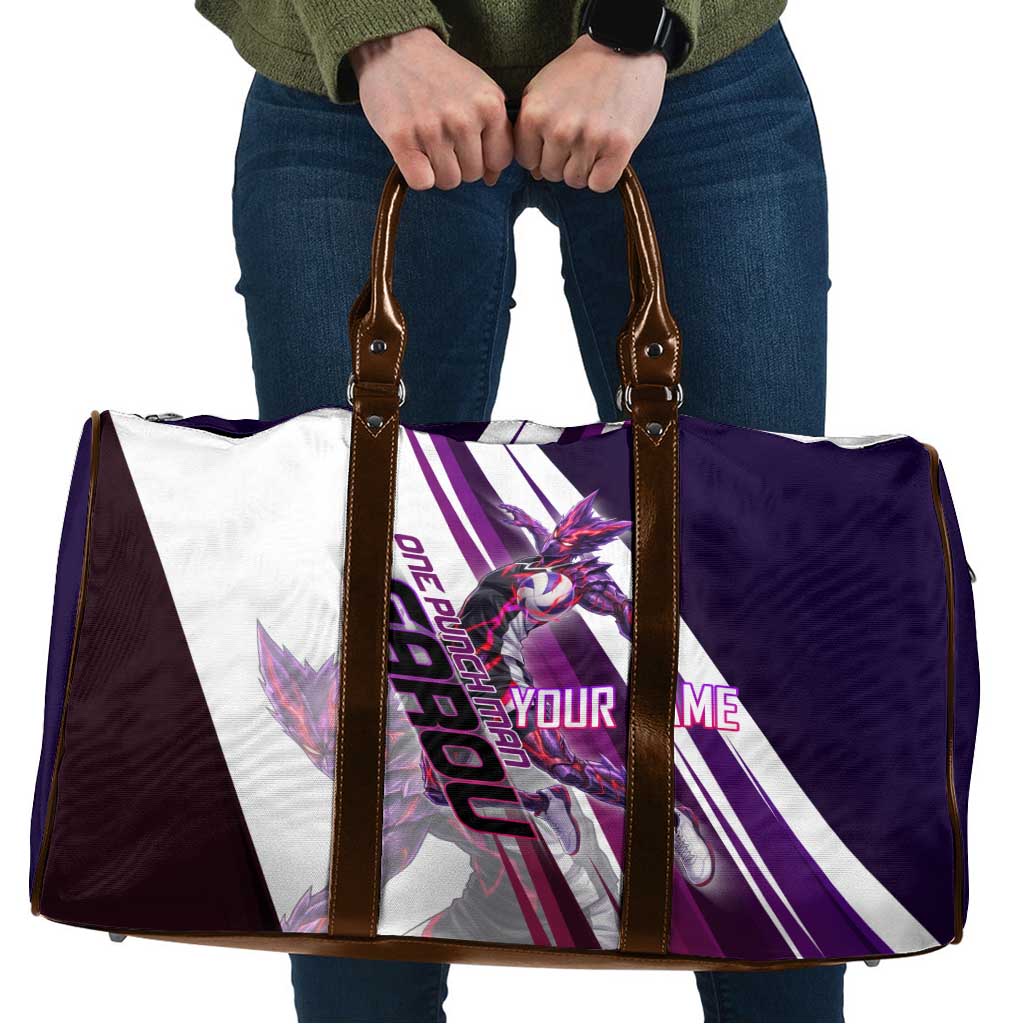Personalized Garou Monster Volleyball Design Travel Bag with Dynamic Pose, Purple and White Diagonal Stripes Featuring One Punch Man Anime Theme