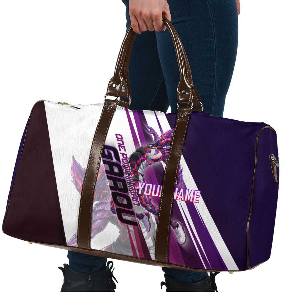 Personalized Garou Monster Volleyball Design Travel Bag with Dynamic Pose, Purple and White Diagonal Stripes Featuring One Punch Man Anime Theme
