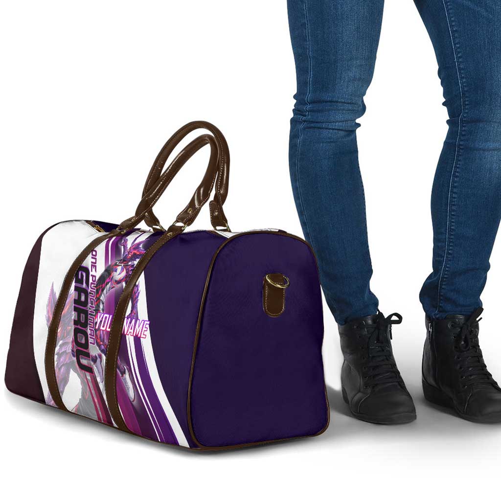 Personalized Garou Monster Volleyball Design Travel Bag with Dynamic Pose, Purple and White Diagonal Stripes Featuring One Punch Man Anime Theme