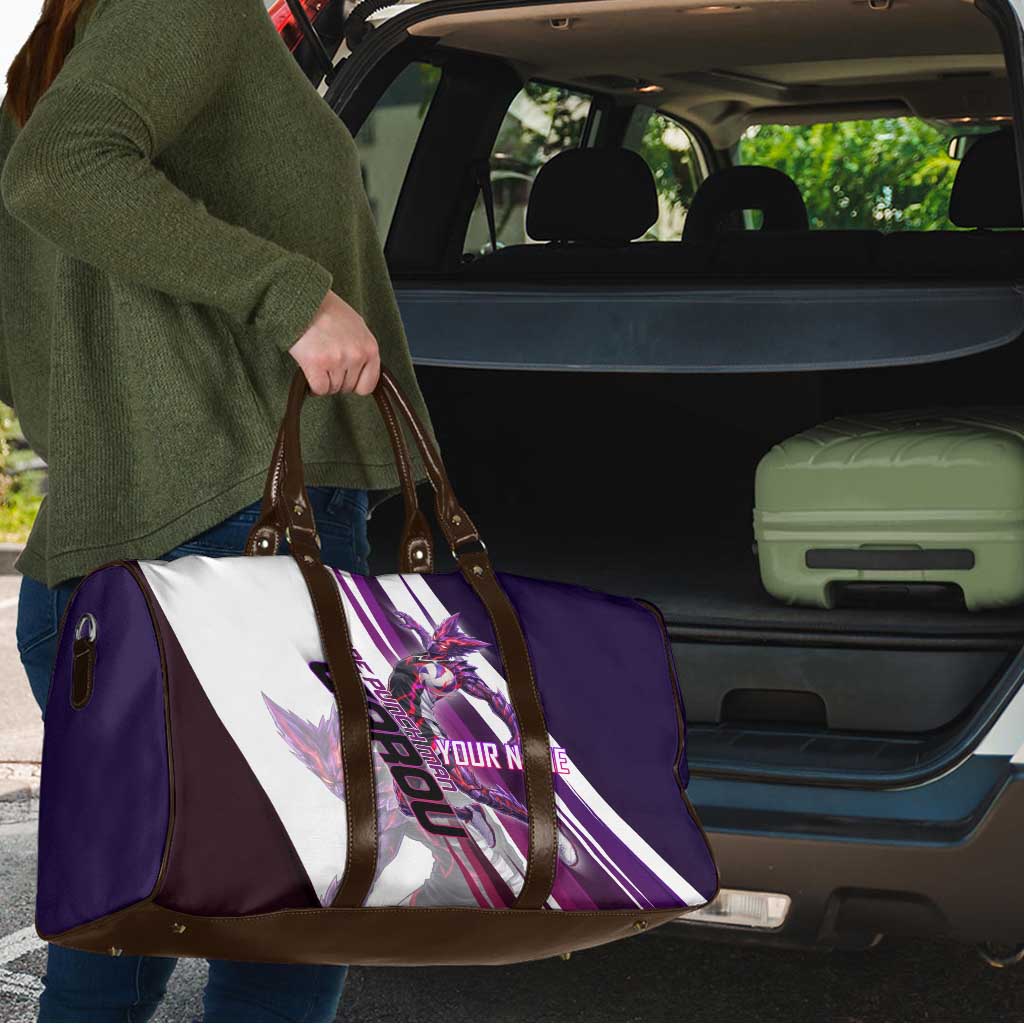 Personalized Garou Monster Volleyball Design Travel Bag with Dynamic Pose, Purple and White Diagonal Stripes Featuring One Punch Man Anime Theme