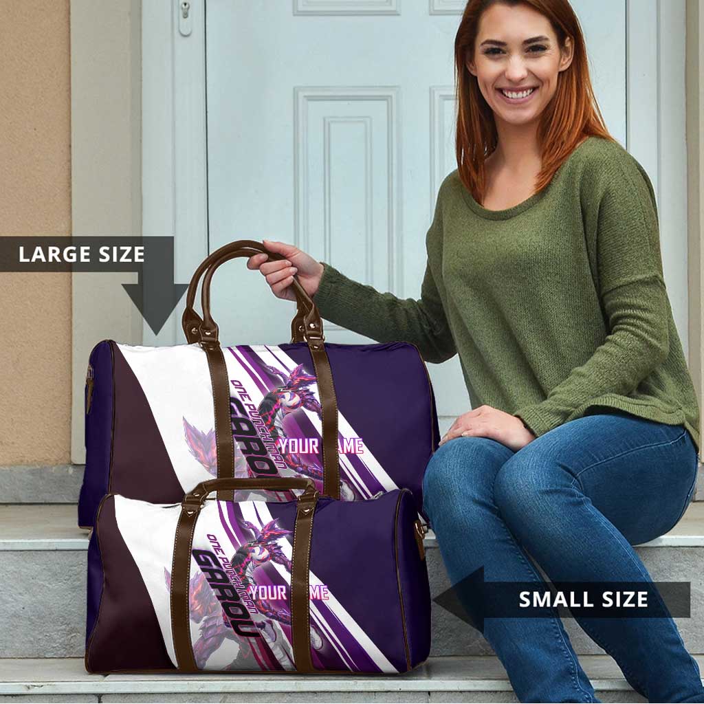 Personalized Garou Monster Volleyball Design Travel Bag with Dynamic Pose, Purple and White Diagonal Stripes Featuring One Punch Man Anime Theme