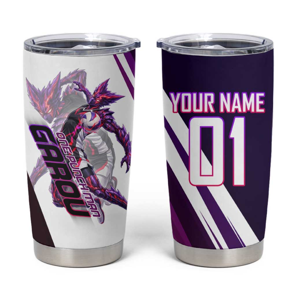Personalized Garou Monster Volleyball Design Tumbler Cup with Dynamic Pose, Purple and White Diagonal Stripes Featuring One Punch Man Anime Theme
