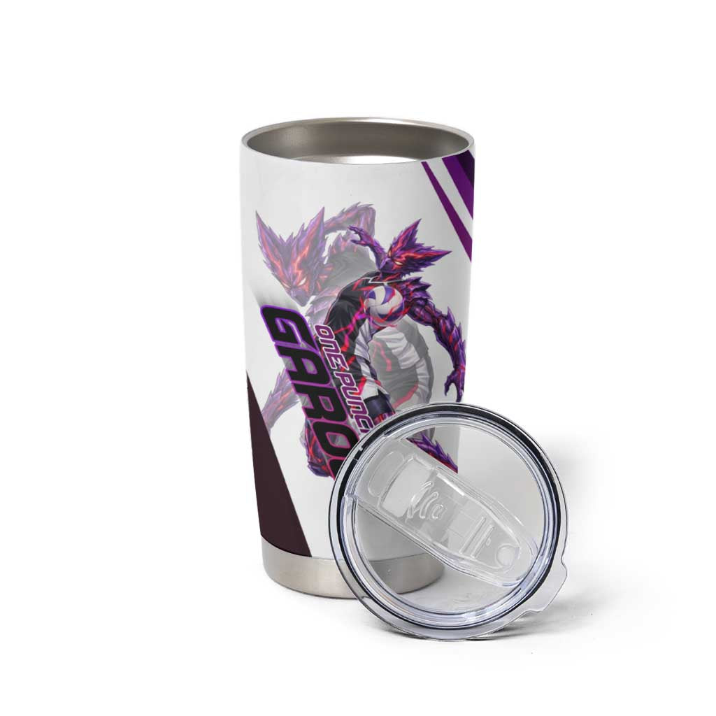 Personalized Garou Monster Volleyball Design Tumbler Cup with Dynamic Pose, Purple and White Diagonal Stripes Featuring One Punch Man Anime Theme
