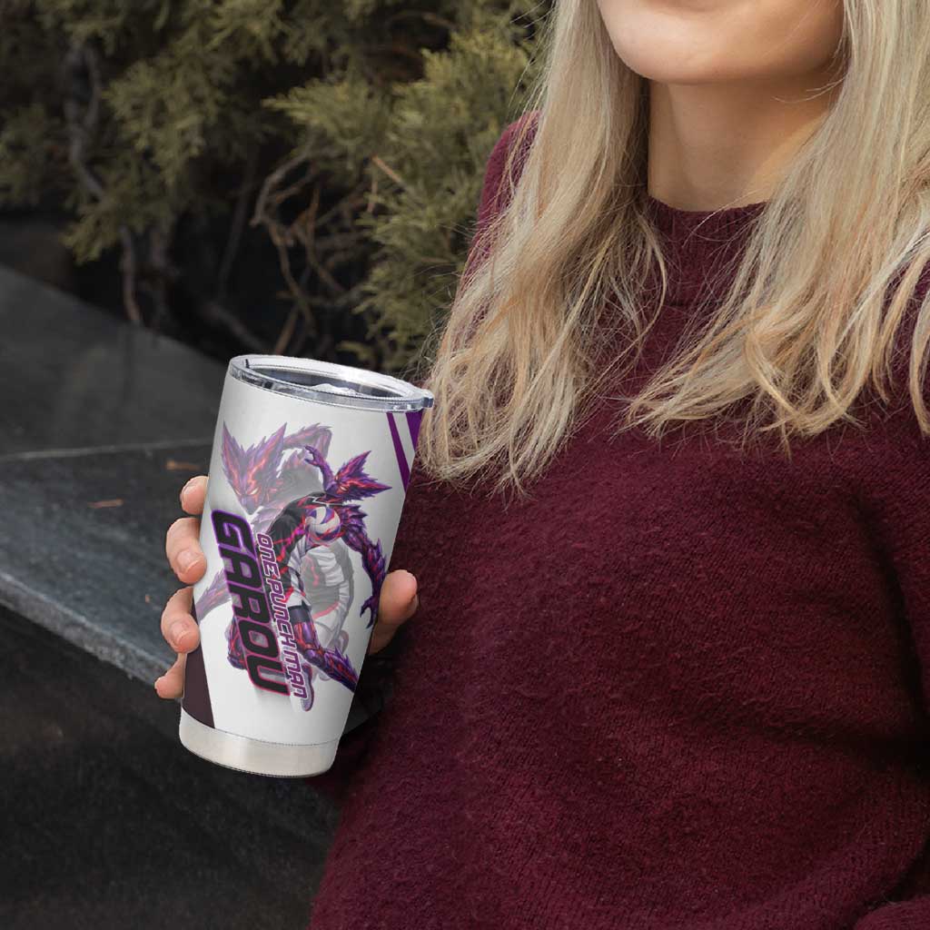 Personalized Garou Monster Volleyball Design Tumbler Cup with Dynamic Pose, Purple and White Diagonal Stripes Featuring One Punch Man Anime Theme