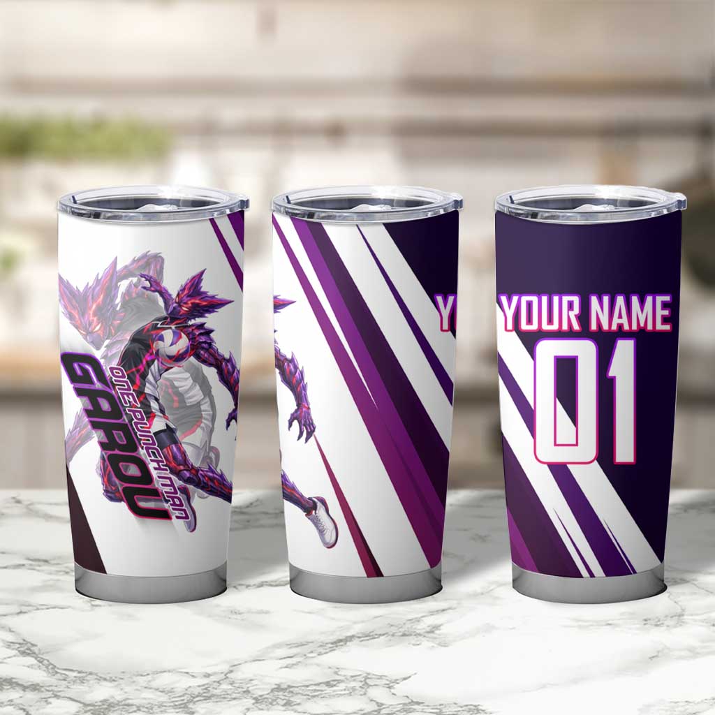 Personalized Garou Monster Volleyball Design Tumbler Cup with Dynamic Pose, Purple and White Diagonal Stripes Featuring One Punch Man Anime Theme