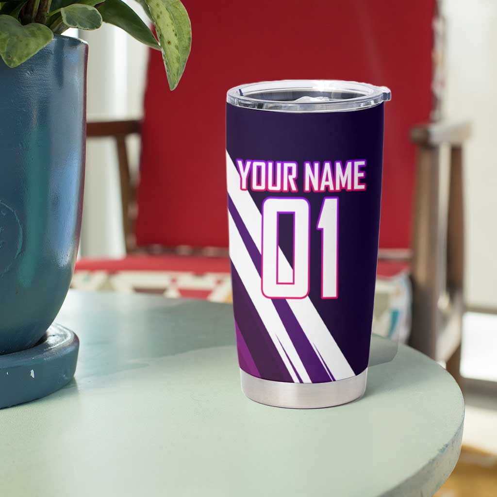 Personalized Garou Monster Volleyball Design Tumbler Cup with Dynamic Pose, Purple and White Diagonal Stripes Featuring One Punch Man Anime Theme