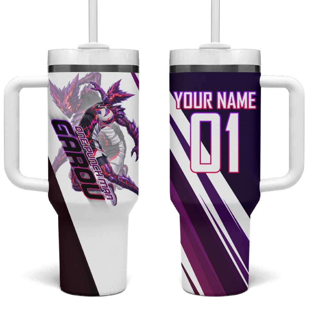 Personalized Garou Monster Volleyball Design Tumbler With Handle with Dynamic Pose, Purple and White Diagonal Stripes Featuring One Punch Man Anime Theme