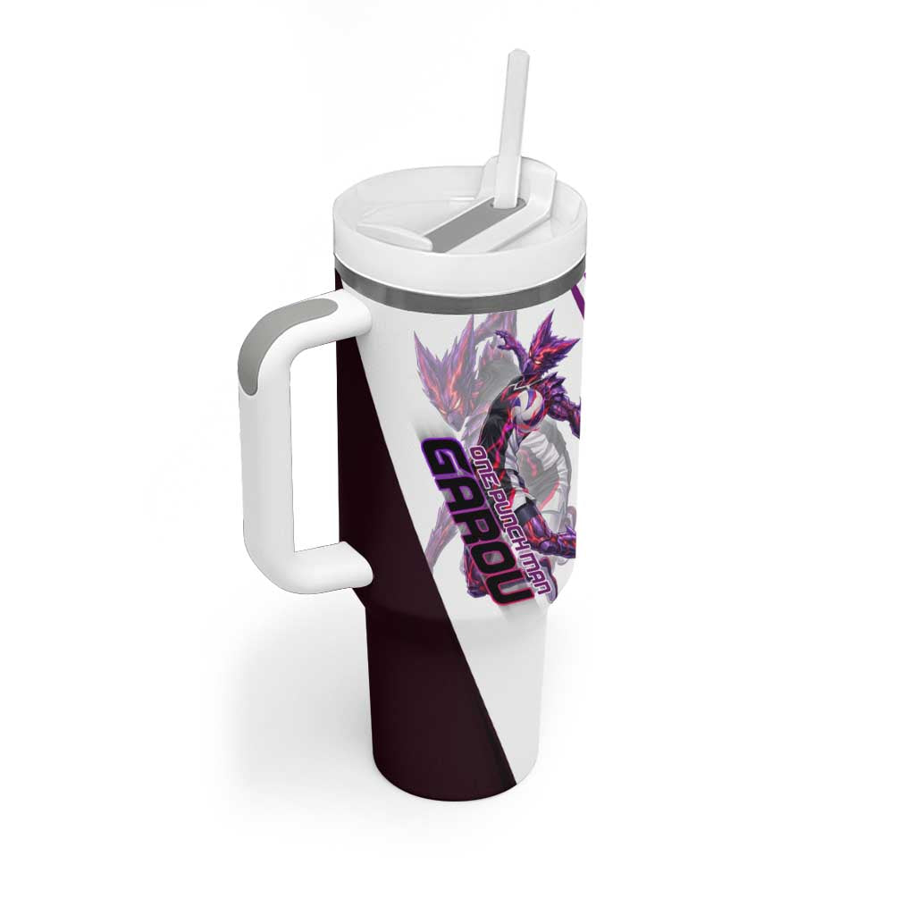 Personalized Garou Monster Volleyball Design Tumbler With Handle with Dynamic Pose, Purple and White Diagonal Stripes Featuring One Punch Man Anime Theme