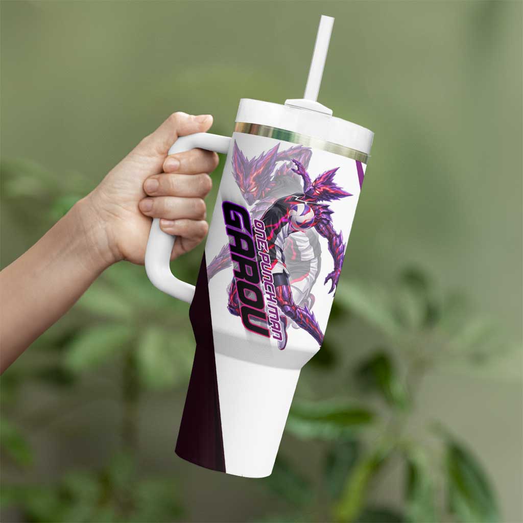 Personalized Garou Monster Volleyball Design Tumbler With Handle with Dynamic Pose, Purple and White Diagonal Stripes Featuring One Punch Man Anime Theme