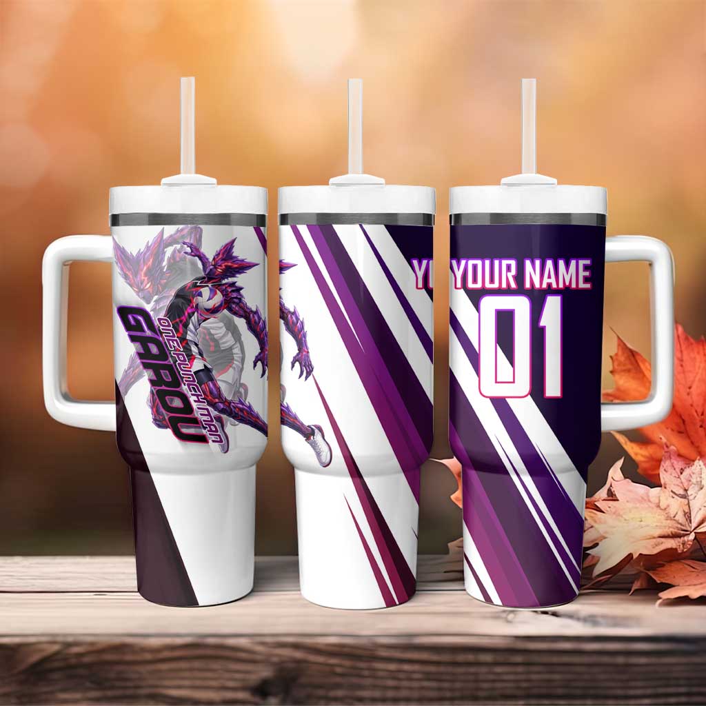 Personalized Garou Monster Volleyball Design Tumbler With Handle with Dynamic Pose, Purple and White Diagonal Stripes Featuring One Punch Man Anime Theme