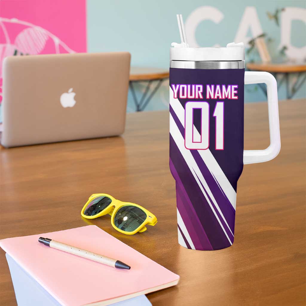 Personalized Garou Monster Volleyball Design Tumbler With Handle with Dynamic Pose, Purple and White Diagonal Stripes Featuring One Punch Man Anime Theme