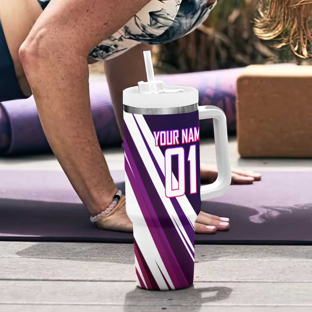 Personalized Garou Monster Volleyball Design Tumbler With Handle with Dynamic Pose, Purple and White Diagonal Stripes Featuring One Punch Man Anime Theme