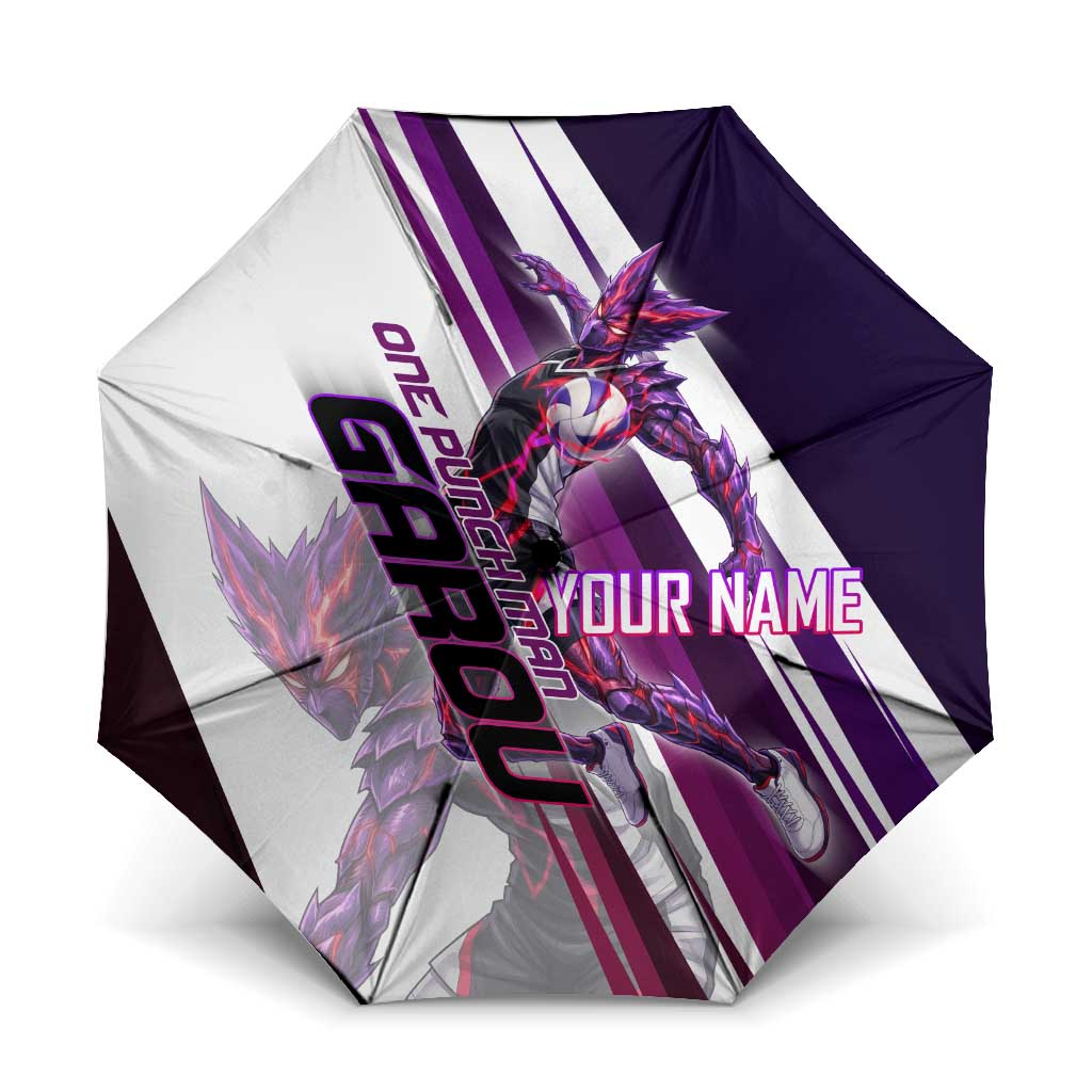 Personalized Garou Monster Volleyball Design Umbrella with Dynamic Pose, Purple and White Diagonal Stripes Featuring One Punch Man Anime Theme