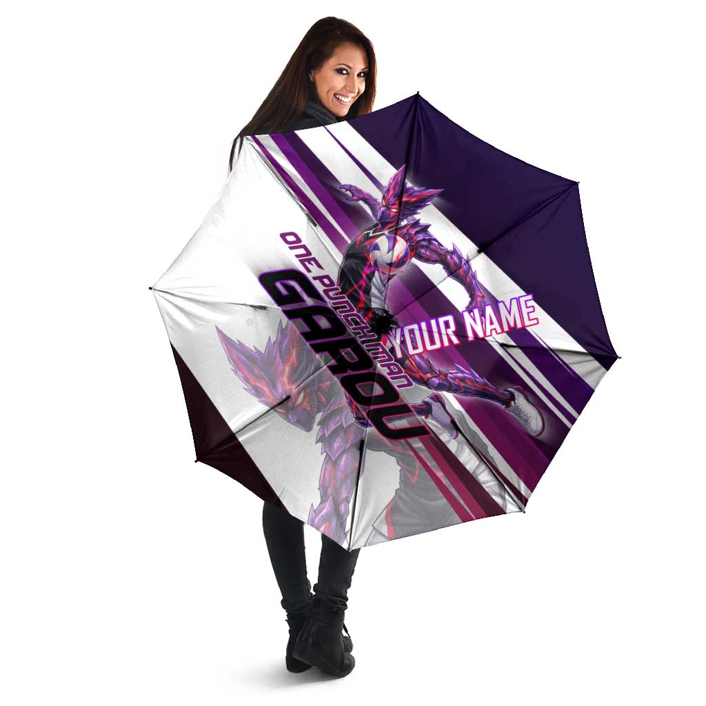 Personalized Garou Monster Volleyball Design Umbrella with Dynamic Pose, Purple and White Diagonal Stripes Featuring One Punch Man Anime Theme