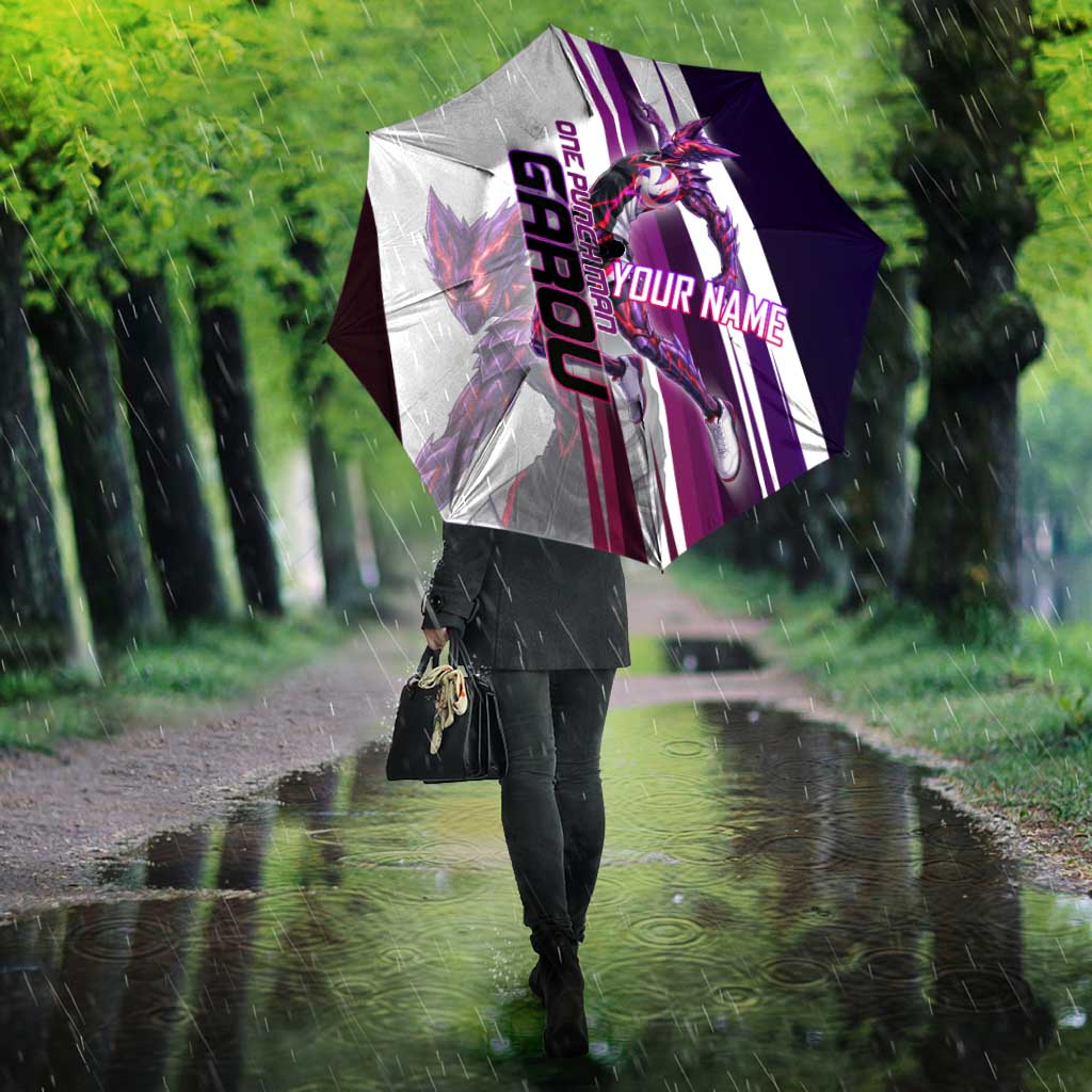 Personalized Garou Monster Volleyball Design Umbrella with Dynamic Pose, Purple and White Diagonal Stripes Featuring One Punch Man Anime Theme