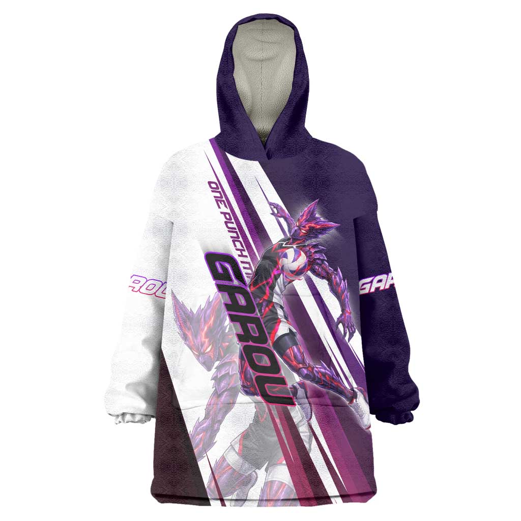 Personalized Garou Monster Volleyball Design Wearable Blanket Hoodie with Dynamic Pose, Purple and White Diagonal Stripes Featuring One Punch Man Anime Theme