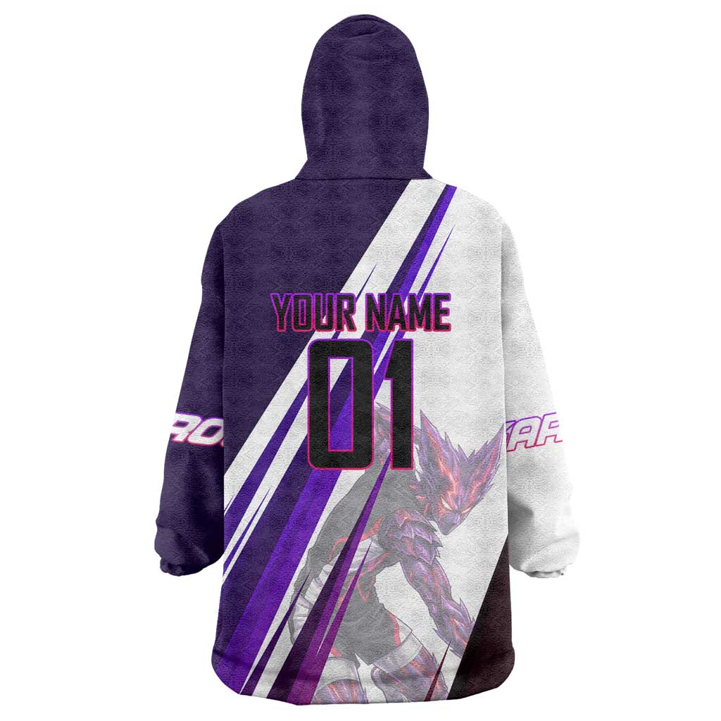 Personalized Garou Monster Volleyball Design Wearable Blanket Hoodie with Dynamic Pose, Purple and White Diagonal Stripes Featuring One Punch Man Anime Theme