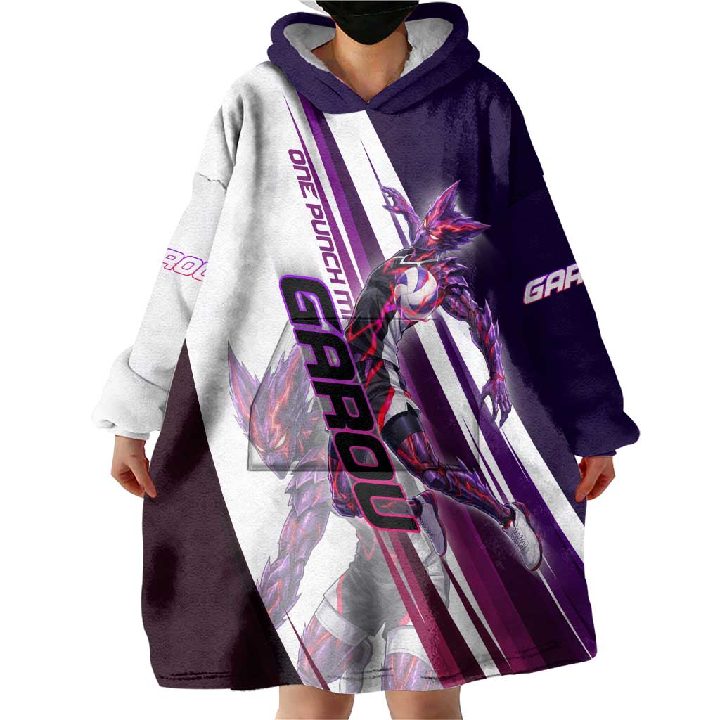 Personalized Garou Monster Volleyball Design Wearable Blanket Hoodie with Dynamic Pose, Purple and White Diagonal Stripes Featuring One Punch Man Anime Theme