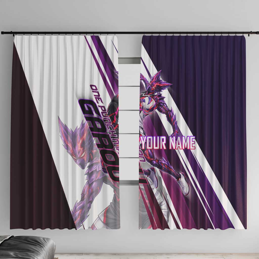 Personalized Garou Monster Volleyball Design Window Curtain with Dynamic Pose, Purple and White Diagonal Stripes Featuring One Punch Man Anime Theme