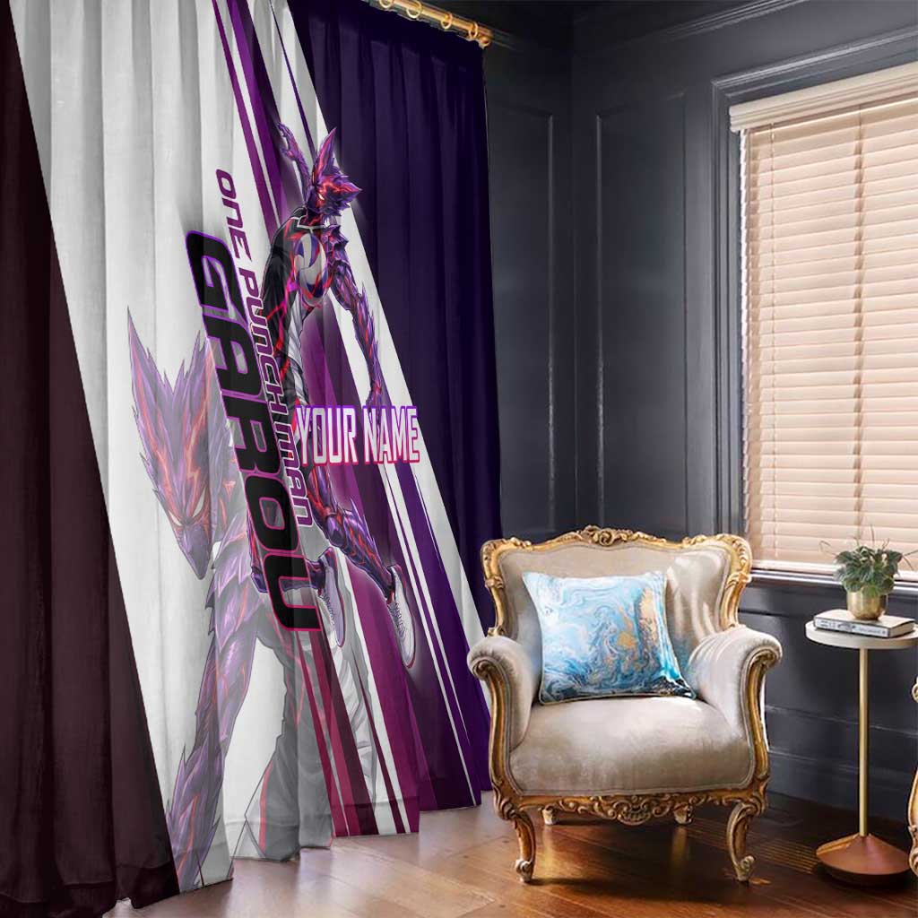 Personalized Garou Monster Volleyball Design Window Curtain with Dynamic Pose, Purple and White Diagonal Stripes Featuring One Punch Man Anime Theme
