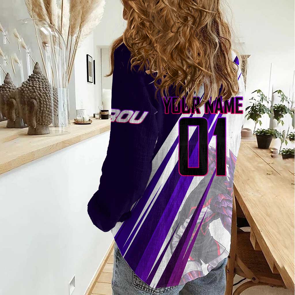 Personalized Garou Monster Volleyball Design Women Casual Shirt with Dynamic Pose, Purple and White Diagonal Stripes Featuring One Punch Man Anime Theme
