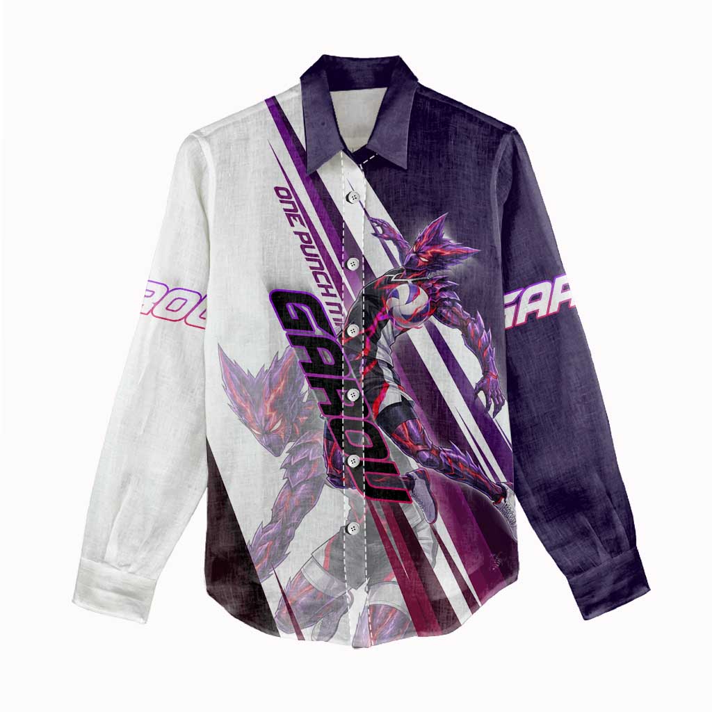 Personalized Garou Monster Volleyball Design Women Casual Shirt with Dynamic Pose, Purple and White Diagonal Stripes Featuring One Punch Man Anime Theme