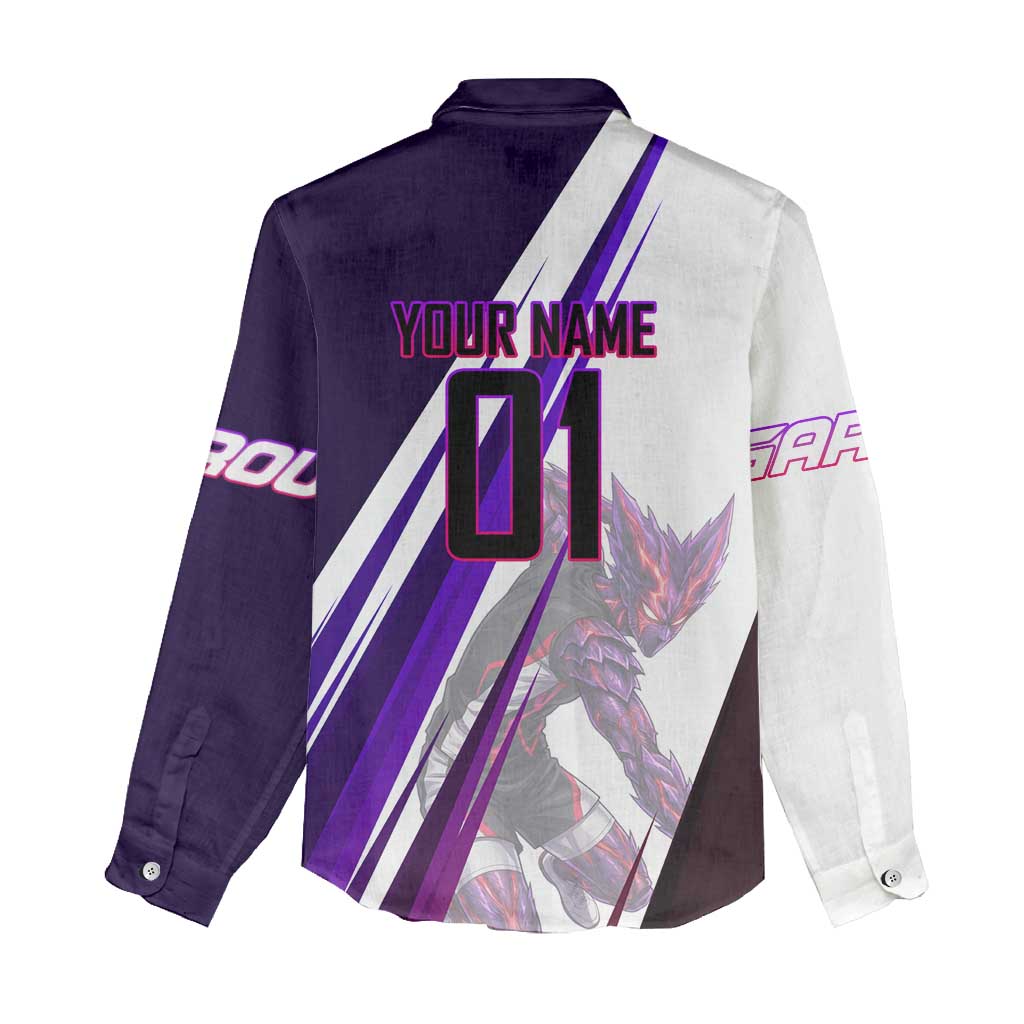Personalized Garou Monster Volleyball Design Women Casual Shirt with Dynamic Pose, Purple and White Diagonal Stripes Featuring One Punch Man Anime Theme