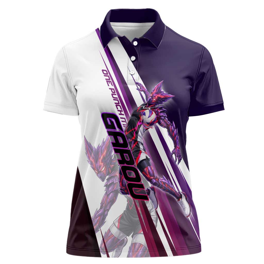 Personalized Garou Monster Volleyball Design Women Polo Shirt with Dynamic Pose, Purple and White Diagonal Stripes Featuring One Punch Man Anime Theme
