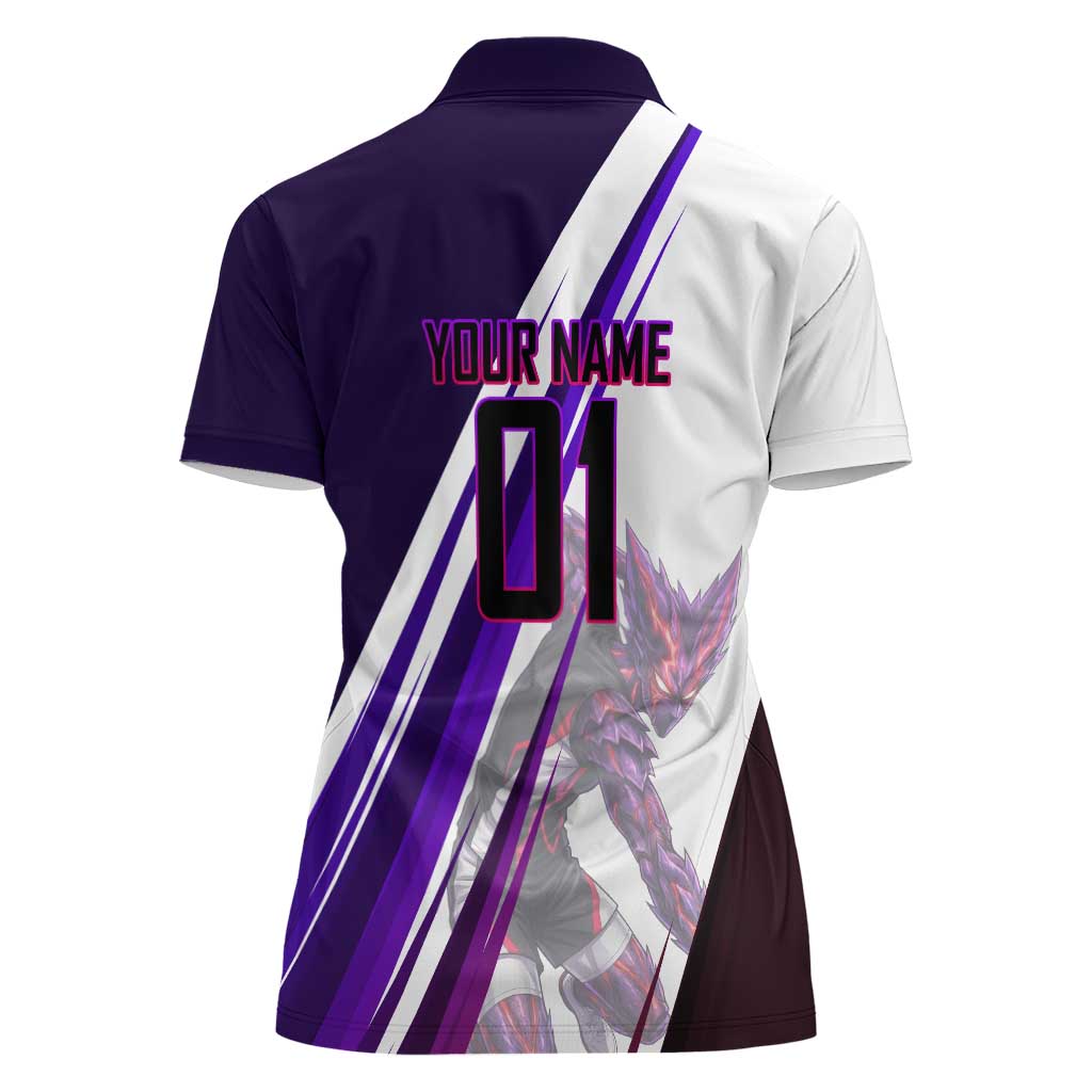 Personalized Garou Monster Volleyball Design Women Polo Shirt with Dynamic Pose, Purple and White Diagonal Stripes Featuring One Punch Man Anime Theme