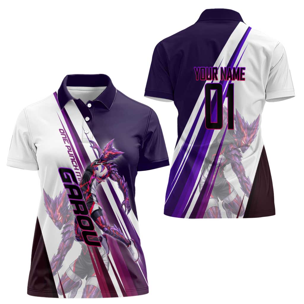 Personalized Garou Monster Volleyball Design Women Polo Shirt with Dynamic Pose, Purple and White Diagonal Stripes Featuring One Punch Man Anime Theme