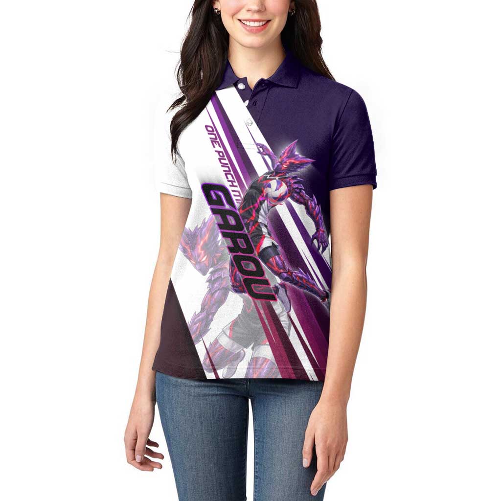 Personalized Garou Monster Volleyball Design Women Polo Shirt with Dynamic Pose, Purple and White Diagonal Stripes Featuring One Punch Man Anime Theme