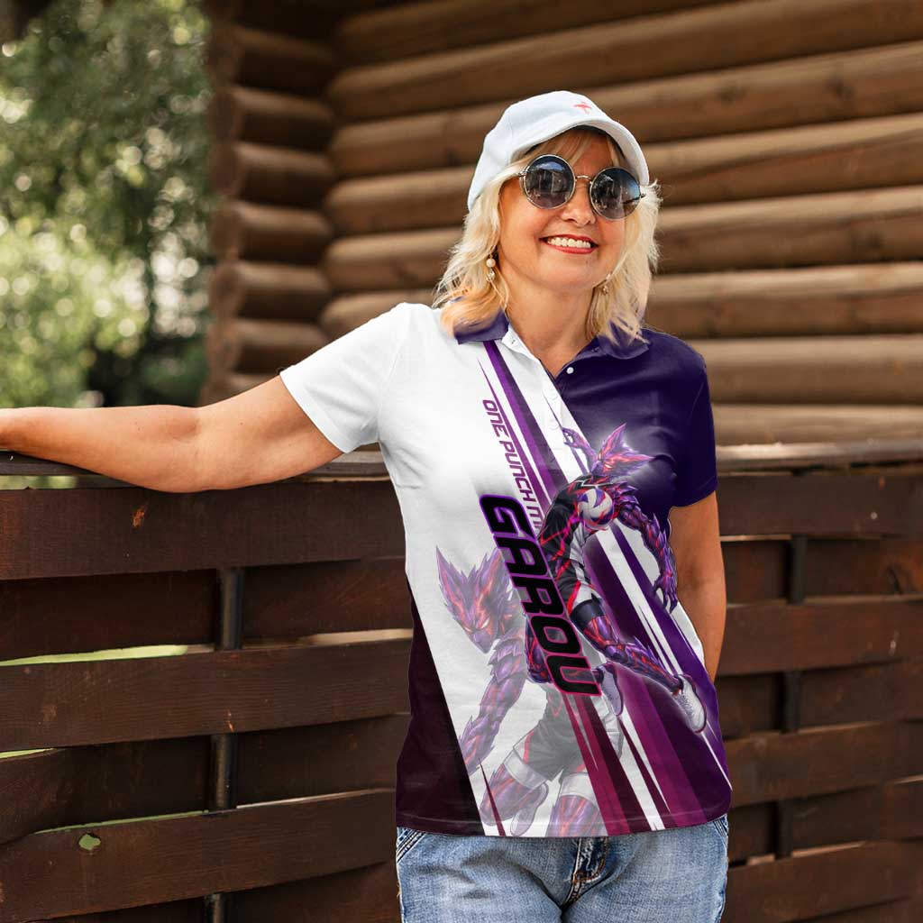 Personalized Garou Monster Volleyball Design Women Polo Shirt with Dynamic Pose, Purple and White Diagonal Stripes Featuring One Punch Man Anime Theme