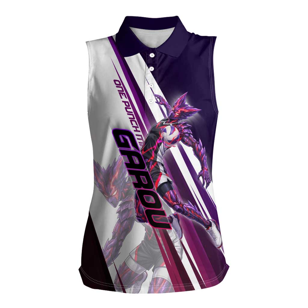 Personalized Garou Monster Volleyball Design Women Sleeveless Polo Shirt with Dynamic Pose, Purple and White Diagonal Stripes Featuring One Punch Man Anime Theme